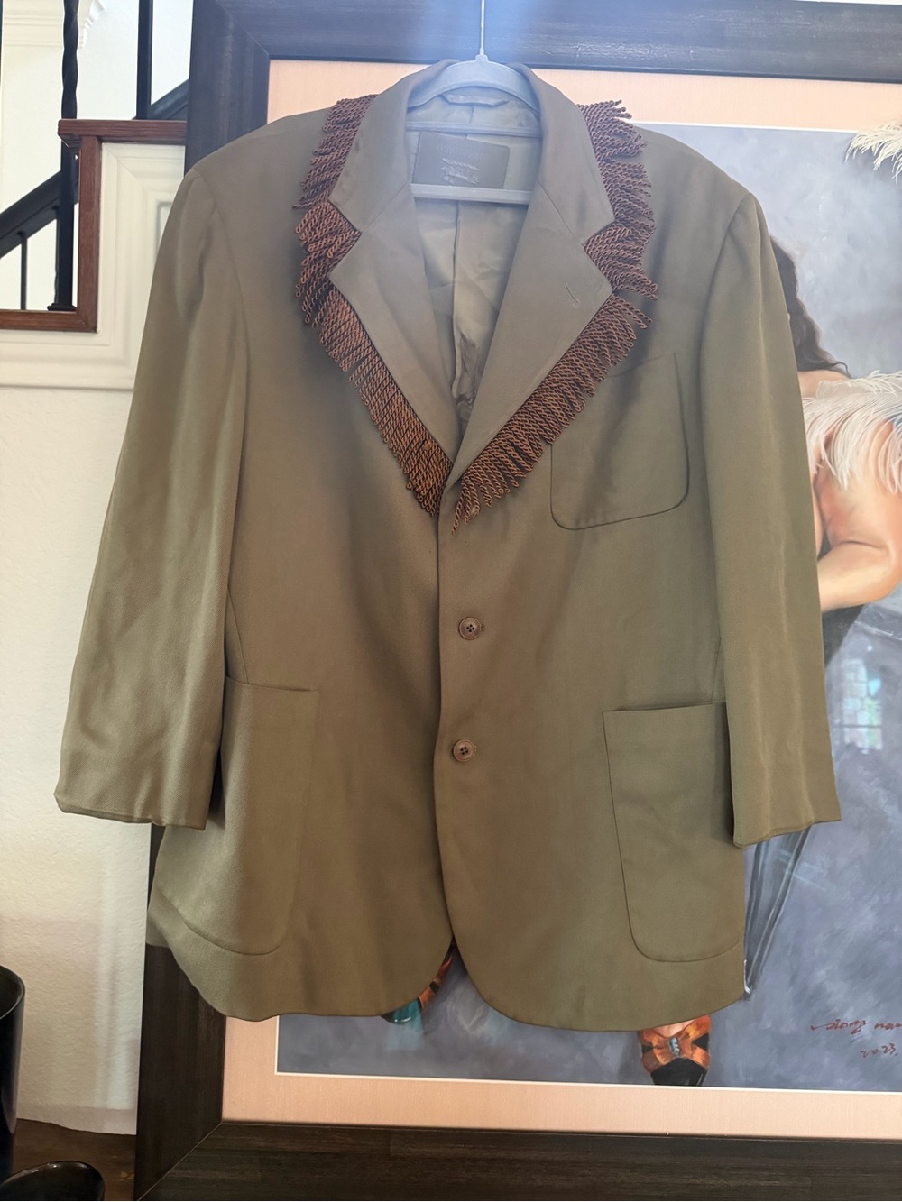 Vintage Barry Bricken silk olive colored blazer with brown fringe size men’s L